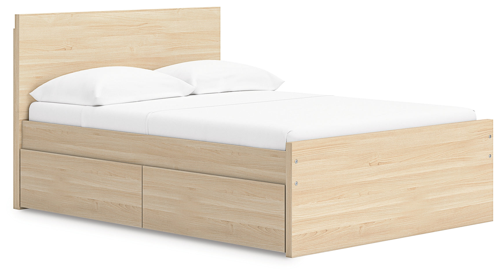 Side angle of Onita Full Panel Platform Bed showing storage drawer