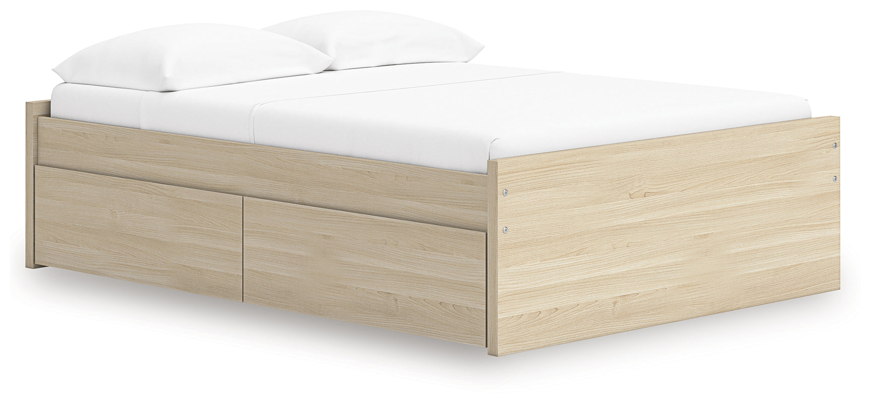Side angle view of Onita Full Platform Bed with storage drawers open