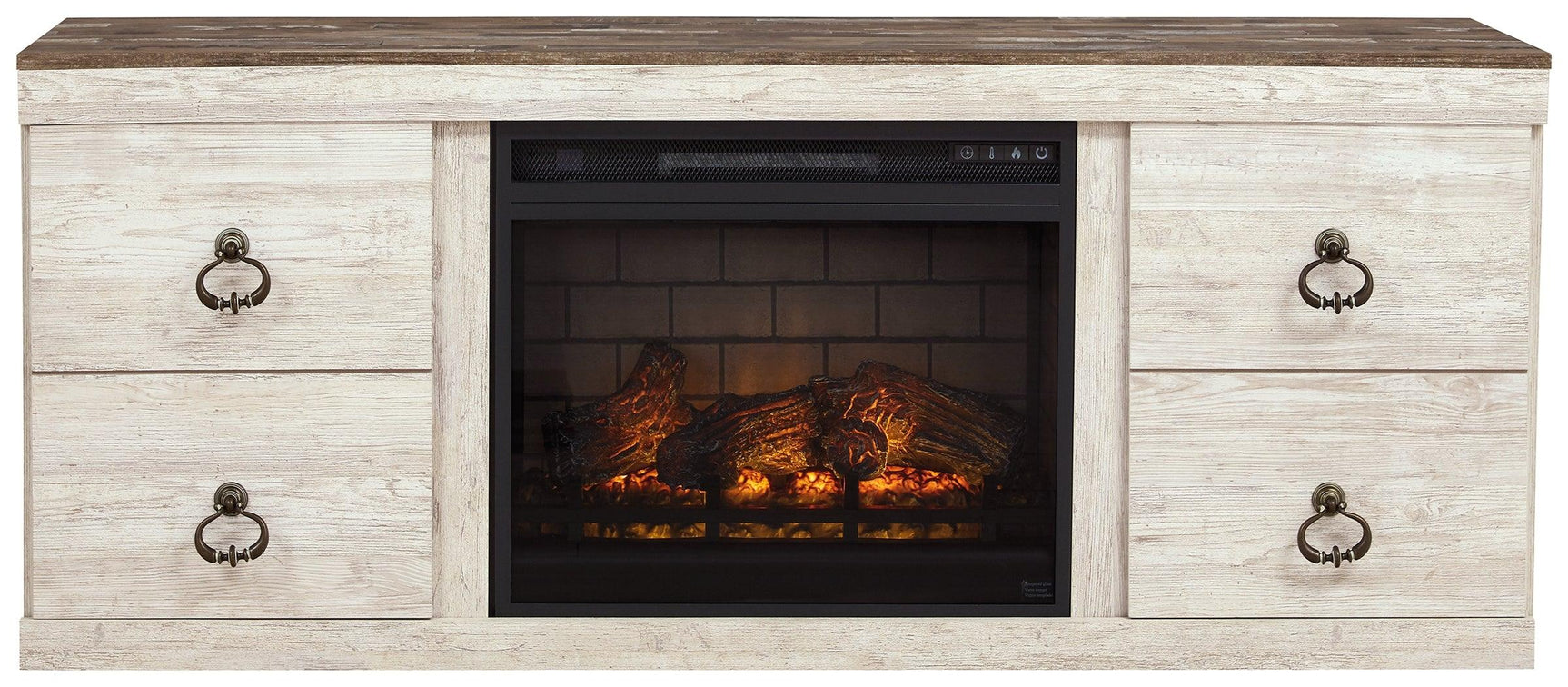 Head-on view of Willowton Whitewash TV Stand with Electric Fireplace