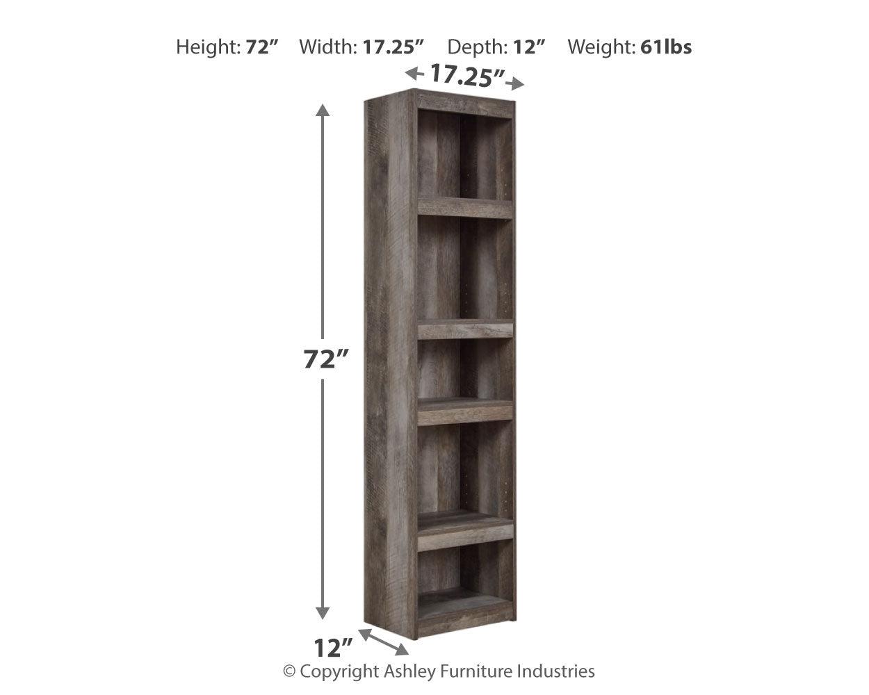 Wynnlow Gray Pier TV Stand full assembled with shelving details