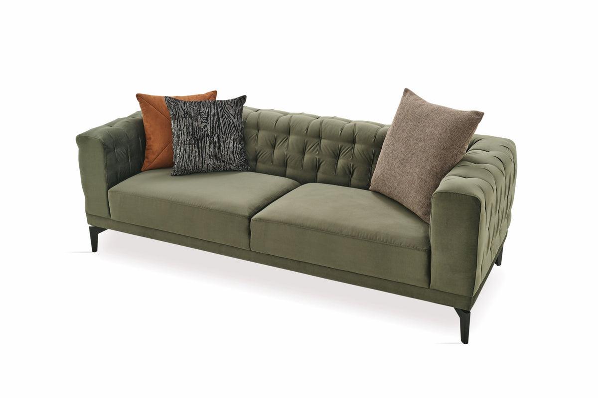 Front angle of Dorian Green 3-Seater Sofa with pillows arranged