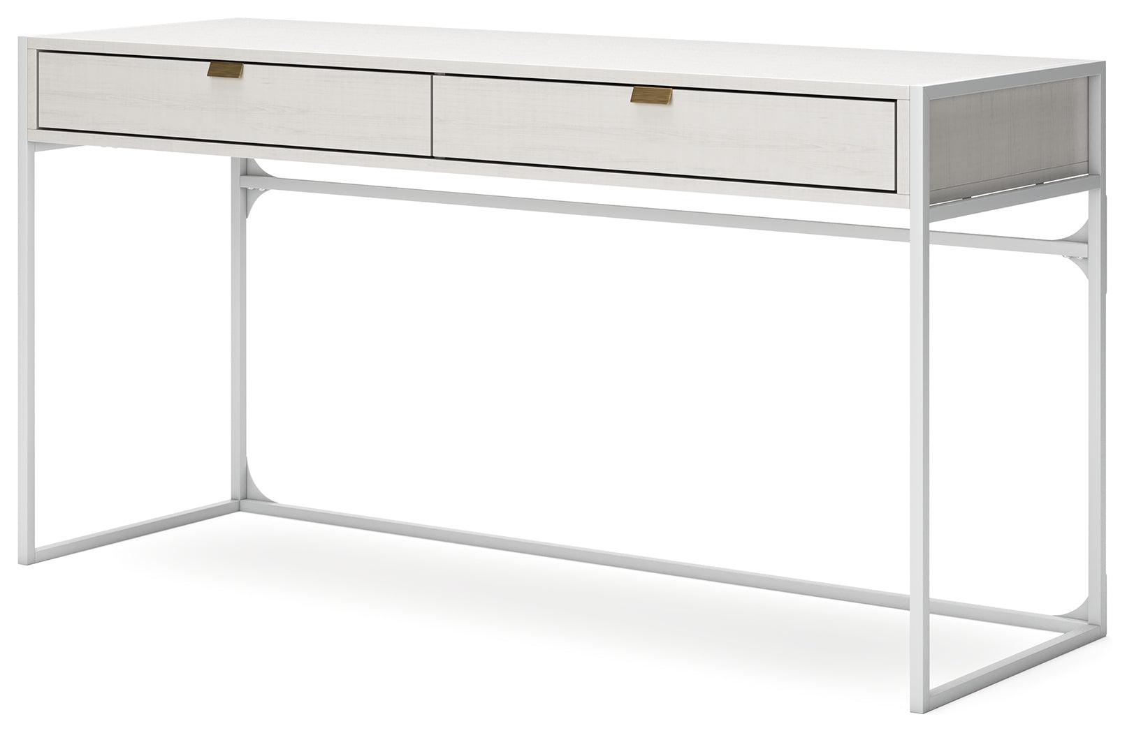 Deznee White Home Office Desk with back shelf and drawer view