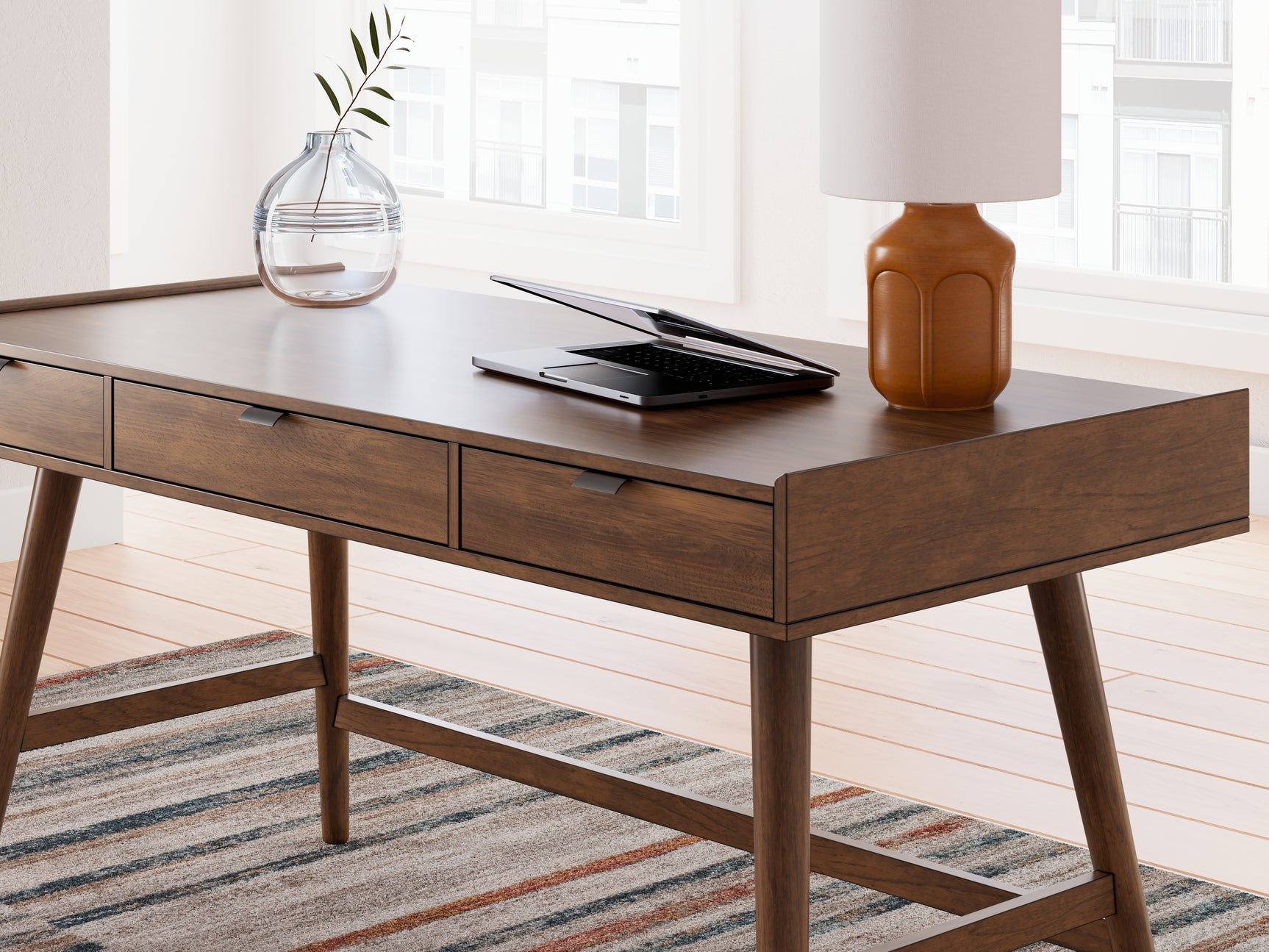Lyncott brown home office desk with chair, front view