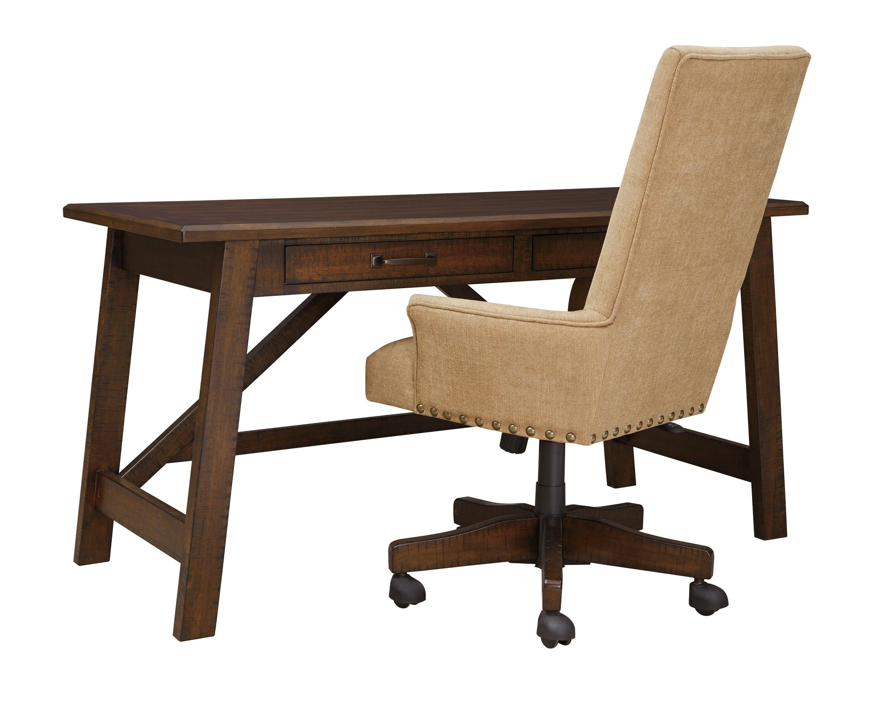 Side view highlighting rustic brown finish