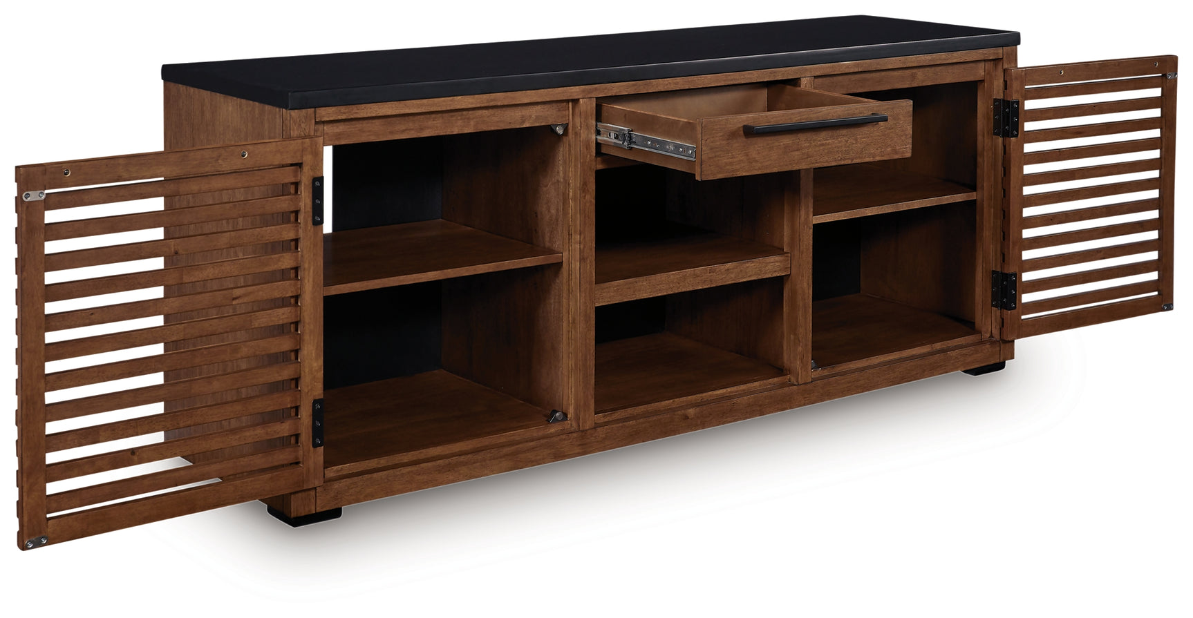 Kallari Credenza side angle with doors open showing interior shelves