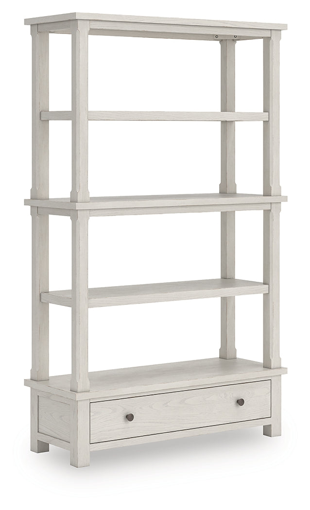 Robbinsdale antique white 75 inch bookcase angled side view