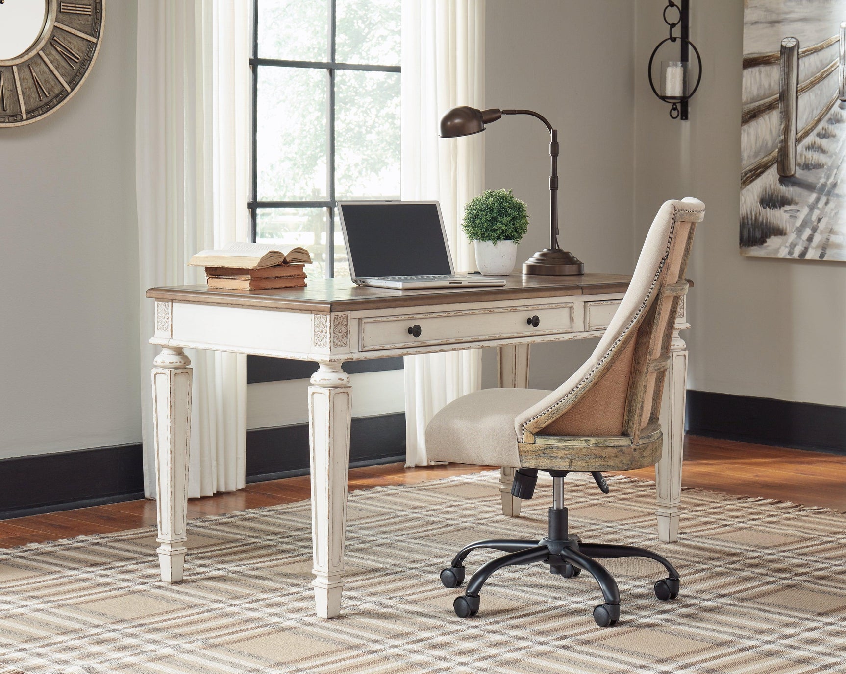 Realyn desk close-up of two-tone finish with distressed wood top