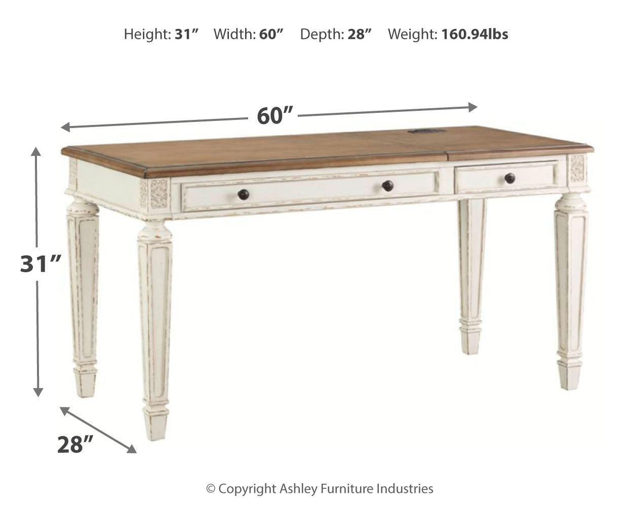 Realyn desk side view highlighting turned legs and corbels
