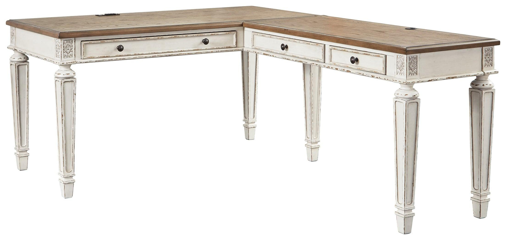 Realyn desk corner detail showing two-tone finish