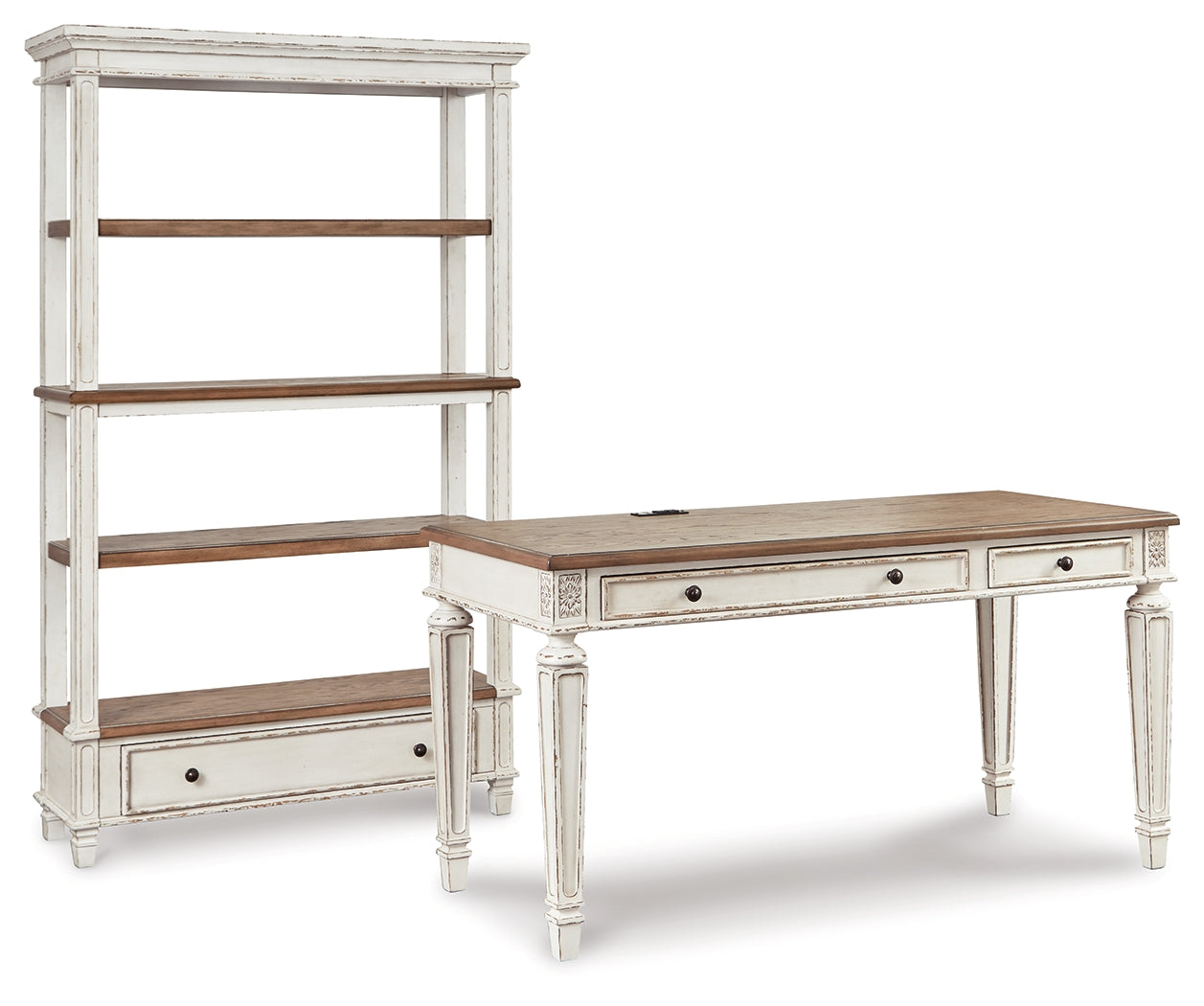 Realyn desk angled view showcasing drawer fronts and tapered legs
