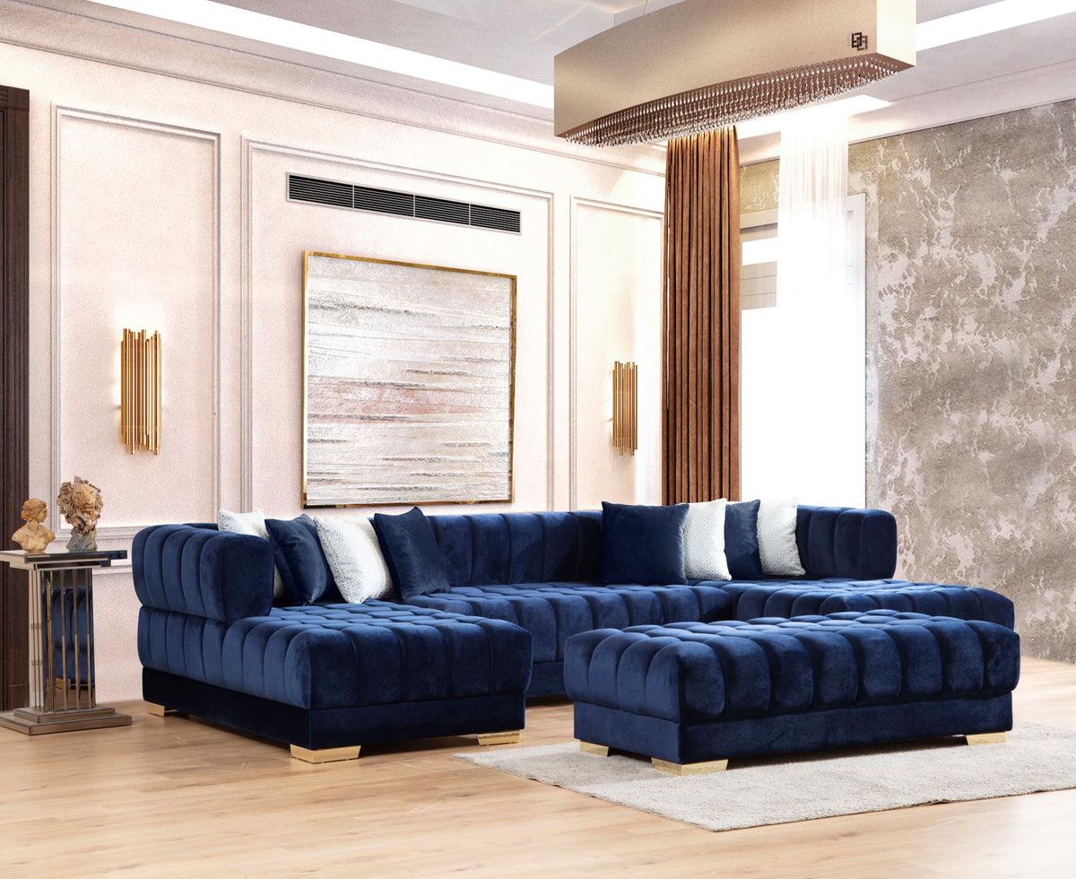 Side view of Mia Navy Velvet Rectangle Ottoman with removable top for storage
