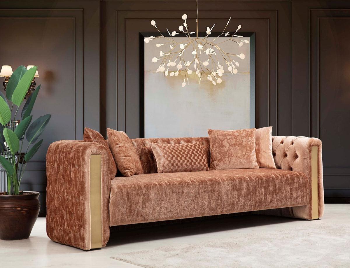 Detail view of upholstered Eleanor Plush Sofa and Loveseat