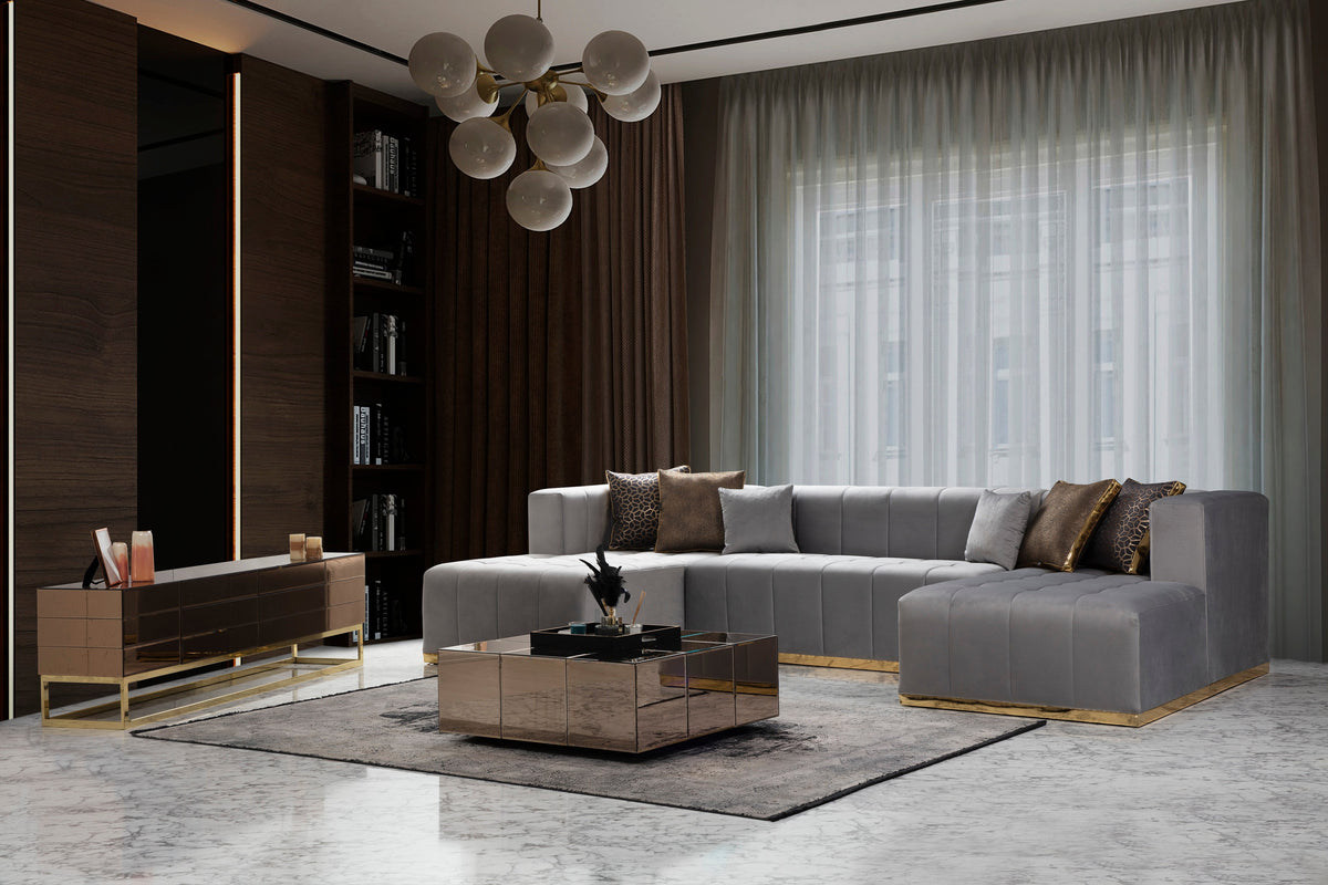 Room setting with Amelia Gray Velvet Double Chaise Sectional sofa