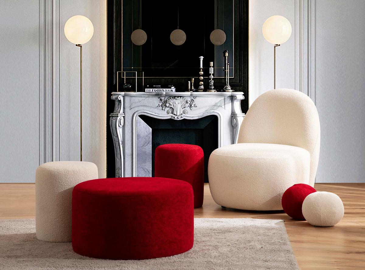 Side angle of Ava Ivory Boucle Stool highlighting soft fabric and solid wood legs