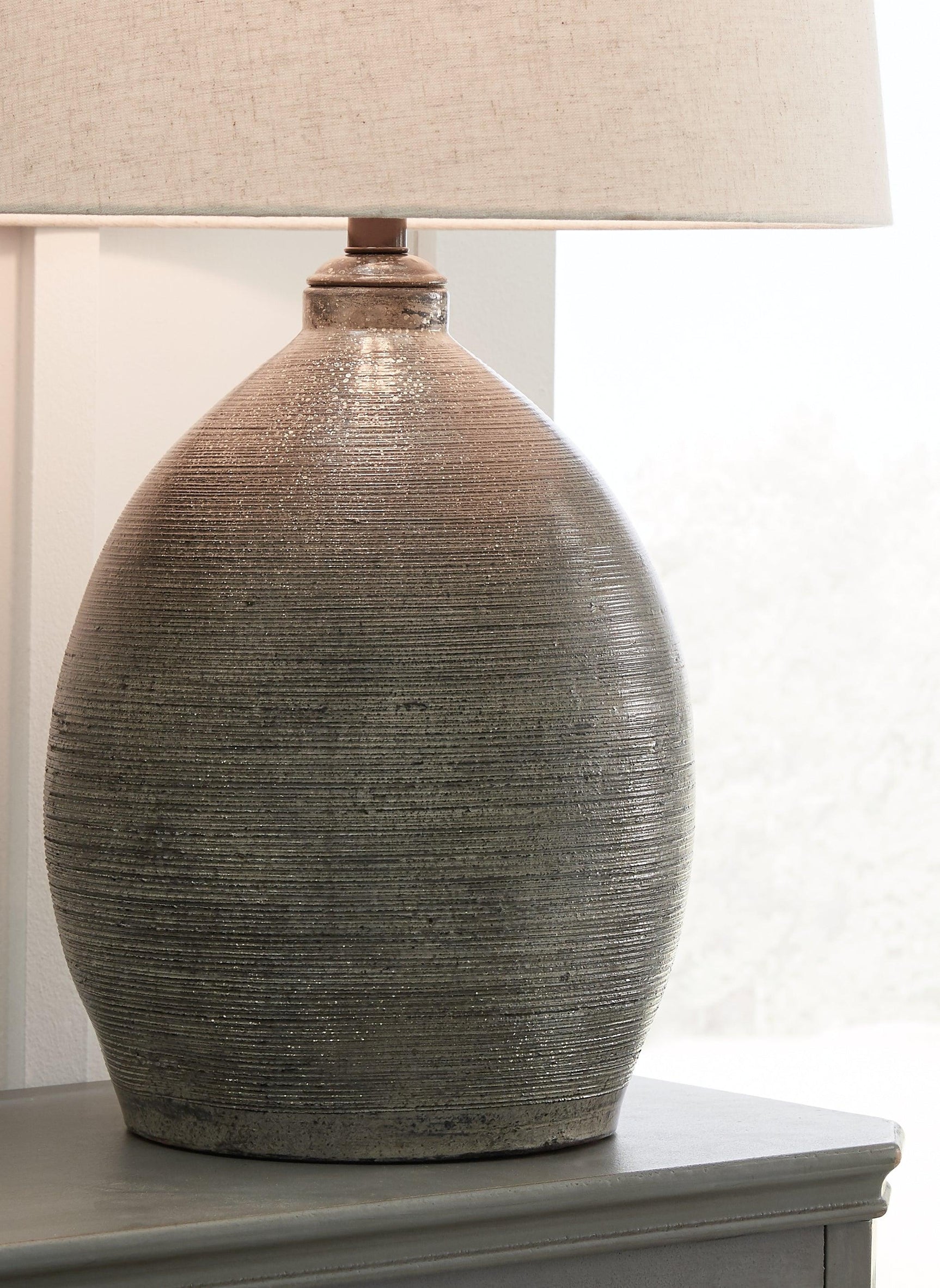Joyelle Gray Table Lamp side view showing shade and base design