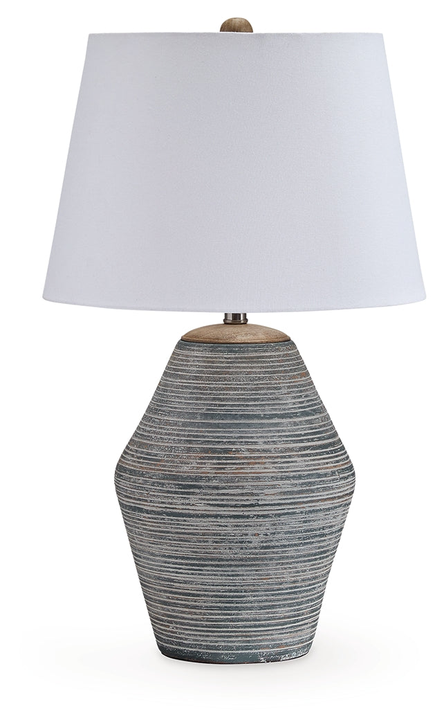 Side angle of Lawrock table lamp showing distressed finish and fabric shade