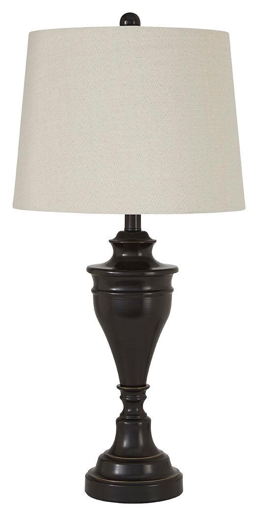 Close-up of Darlita bronze finish lamp base and fabric shade