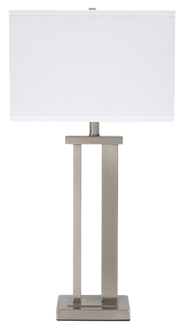 Close-up of silver finish metal base and fabric shade