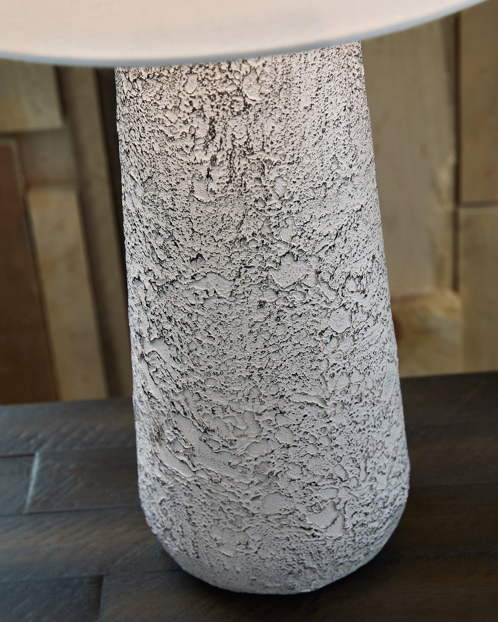Detail of antique white finish on Chaston lamp base