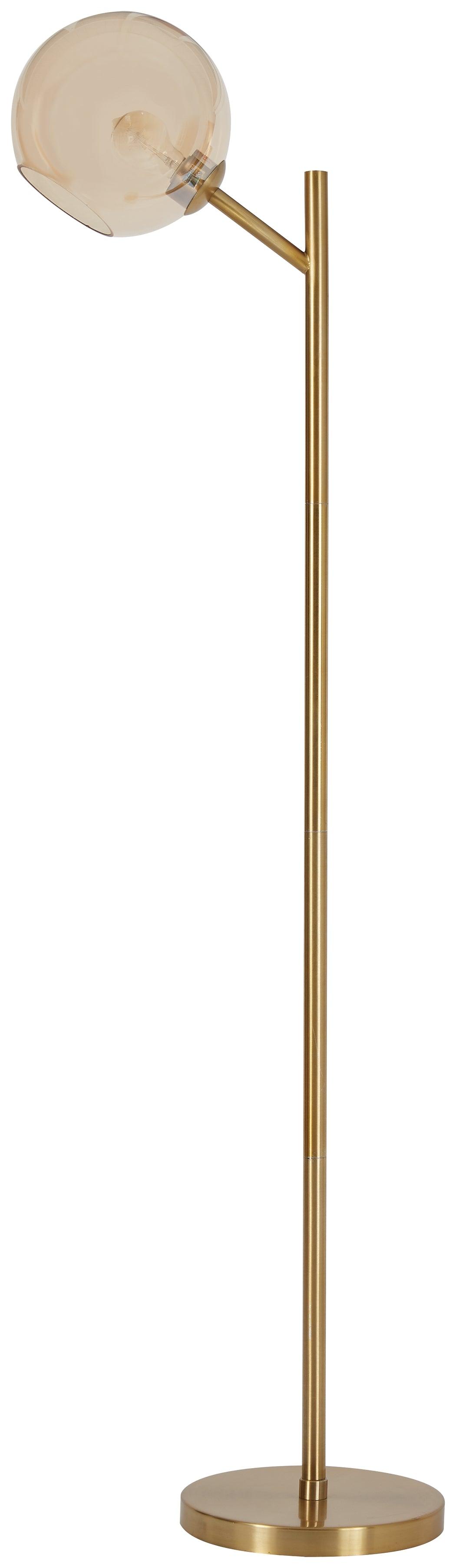 Close-up detail of Abanson Amber gold floor lamp base and glass shade