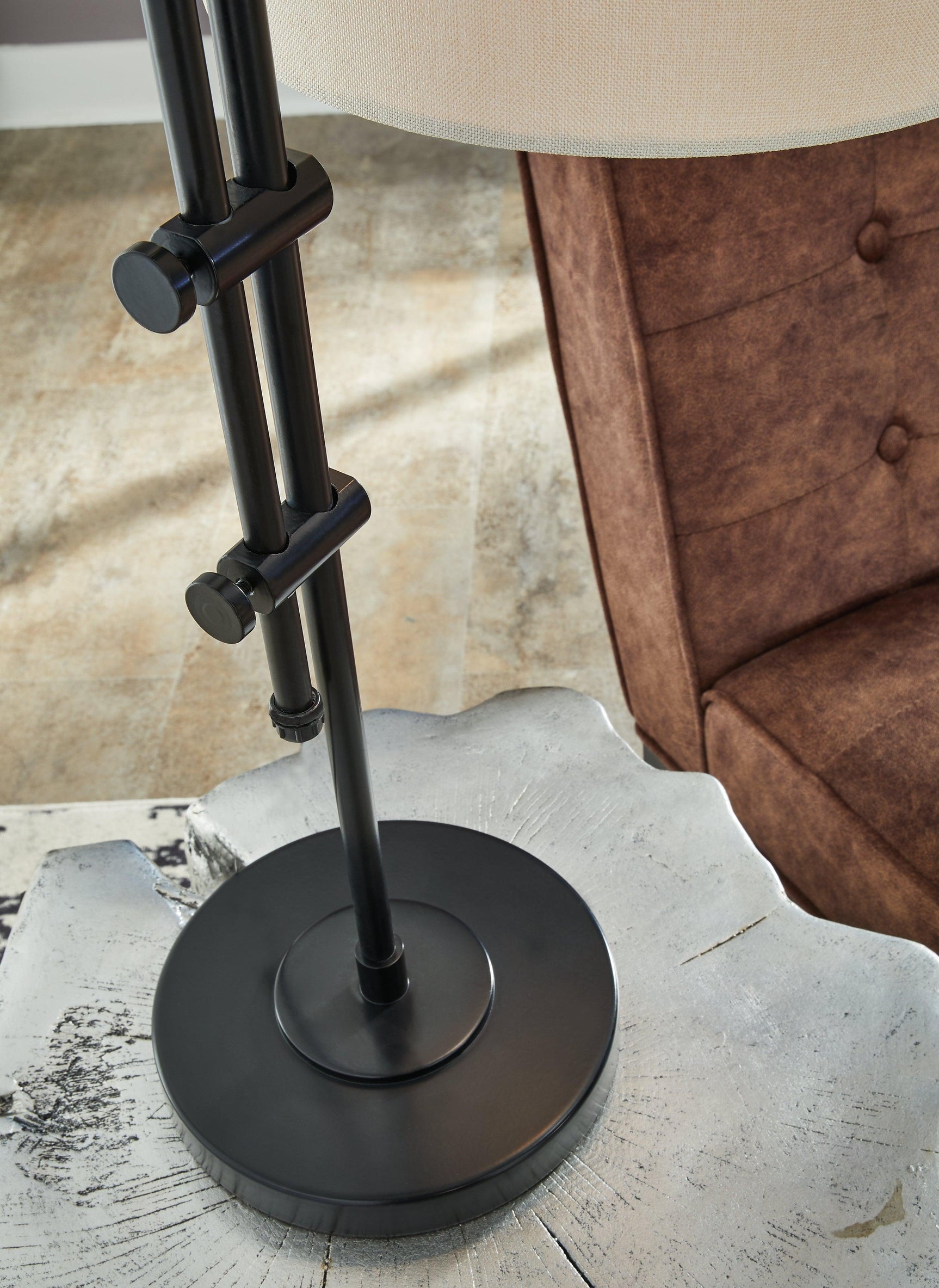 Close-up of Baronvale Accent Lamp showing black metal base and fabric shade