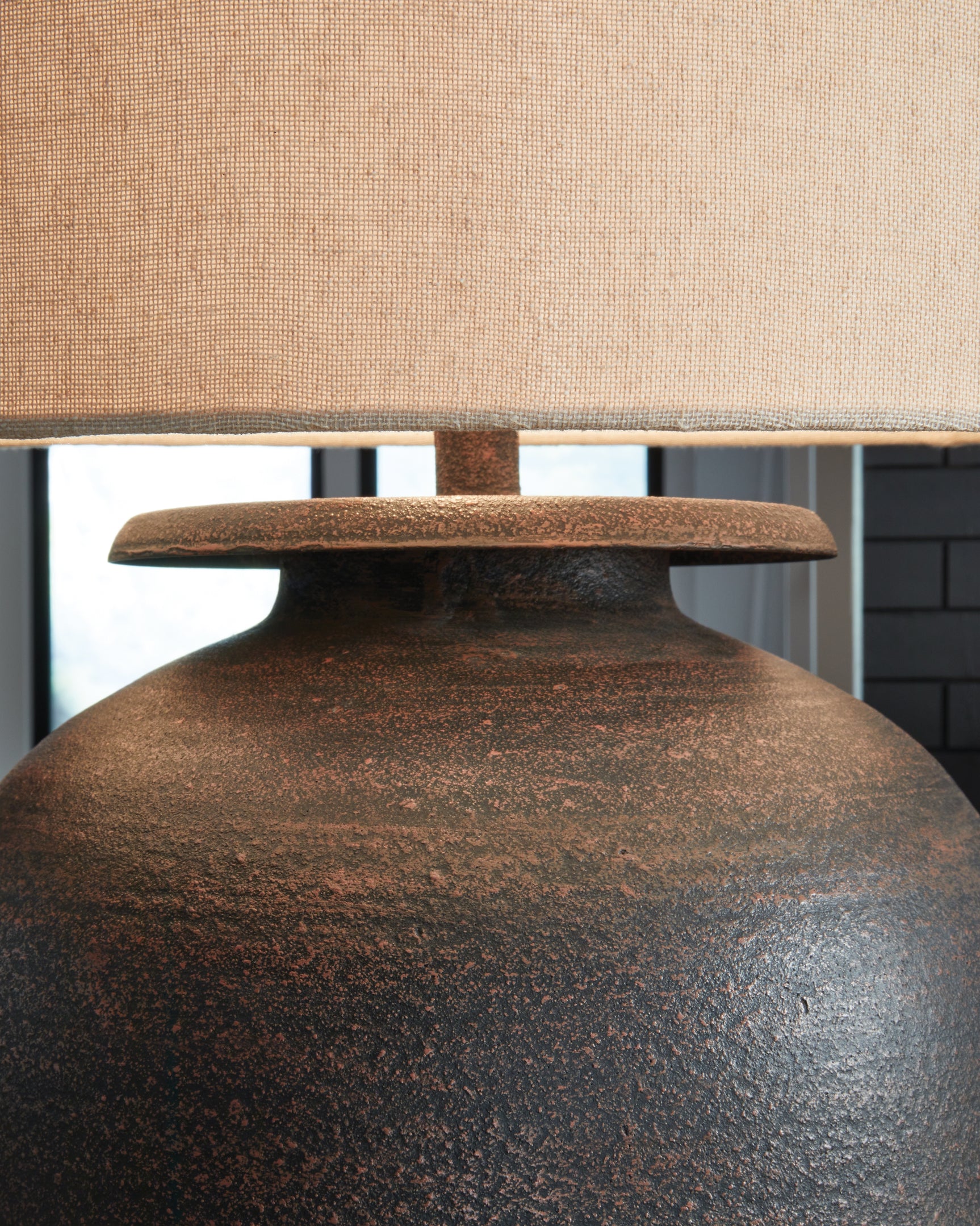 Close-up of Carlenbury lamp textured fabric shade