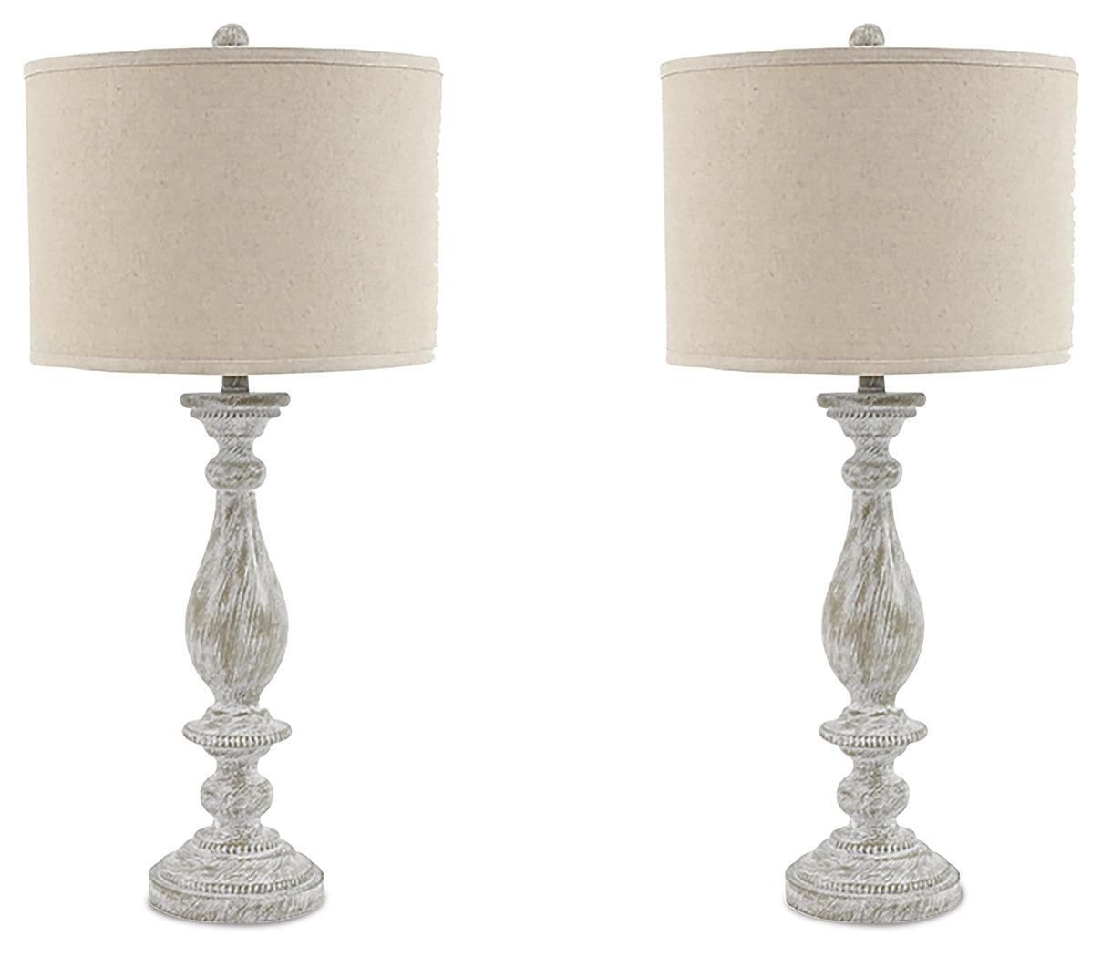 Bernadate whitewash table lamp set front view in living room setting