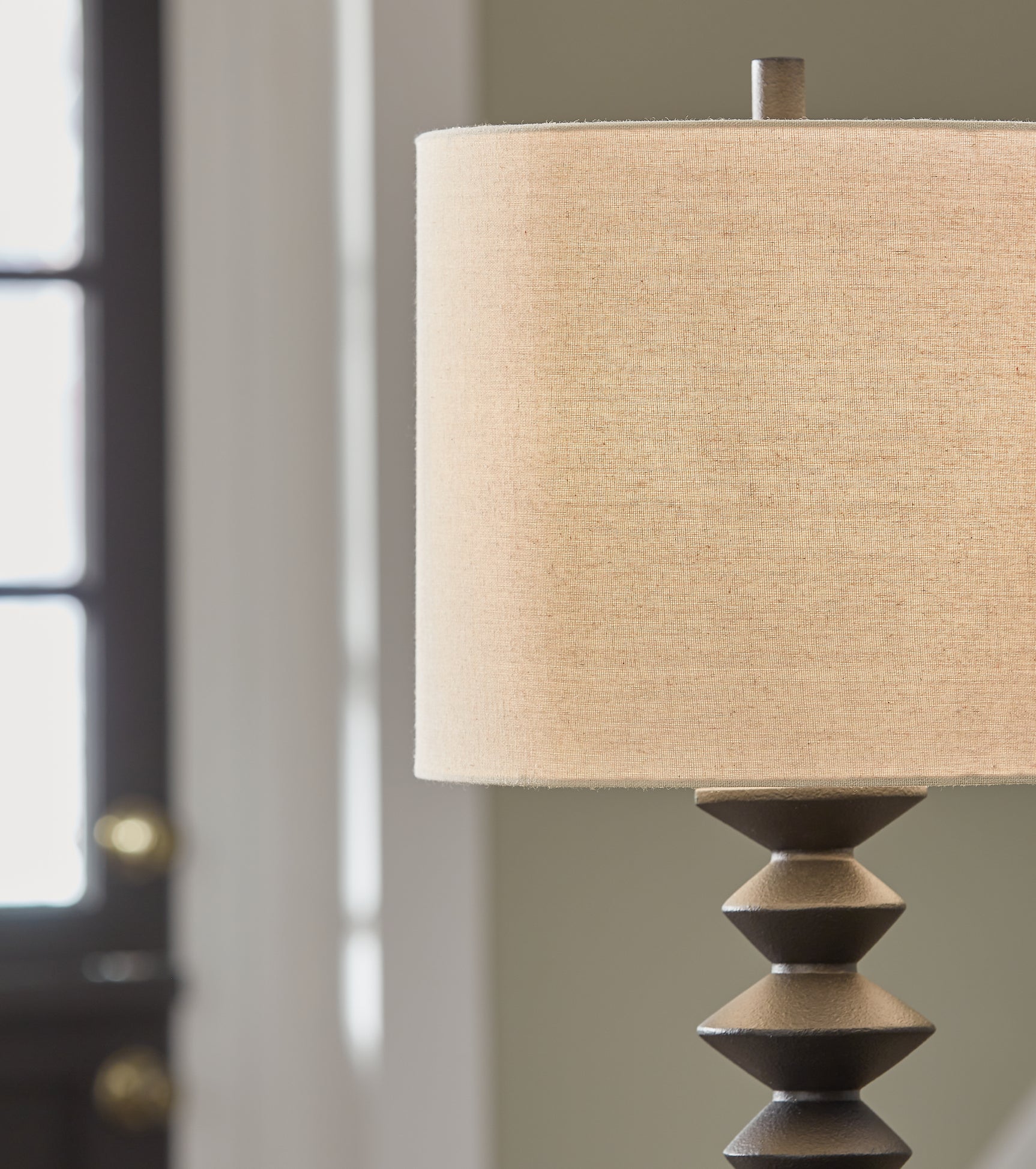 Close-up of dark drum fabric shade