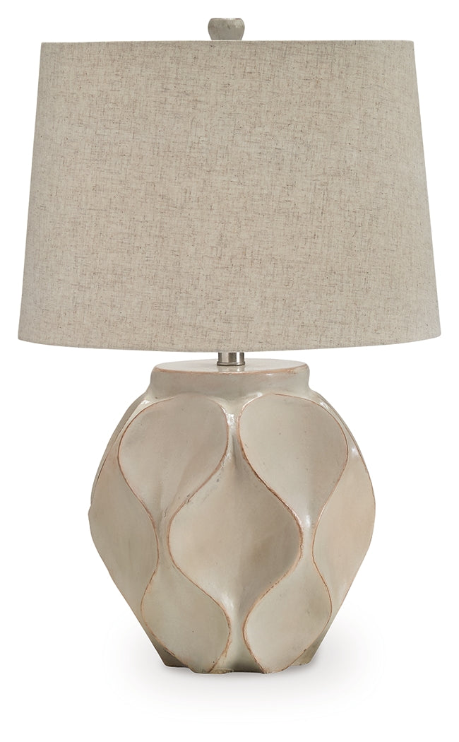Side view of Edselham distressed cream table lamp