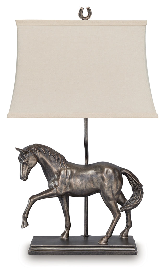 Side view of Sandorman table lamp highlighting horse design detail