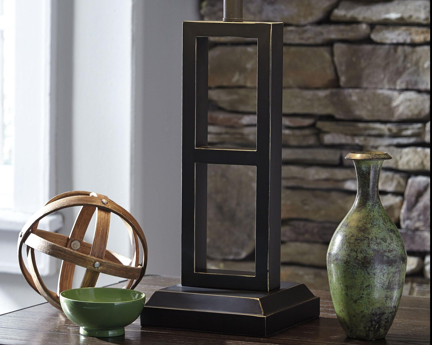 Deidra black table lamp showing metal base detail