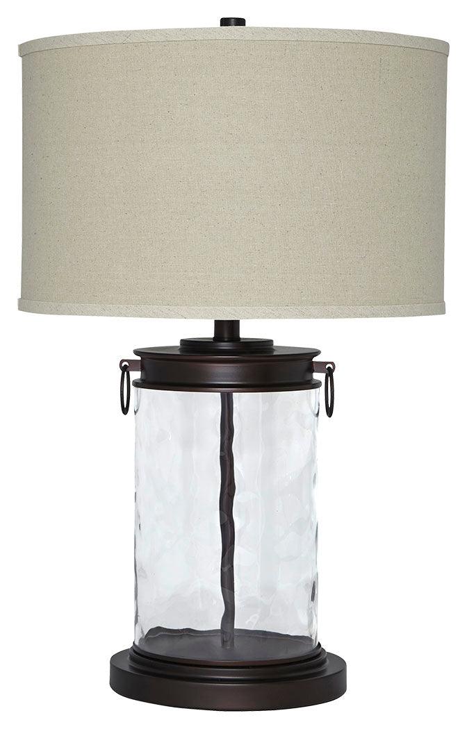 Tailynn table lamp showing bronze metal base and fabric drum shade