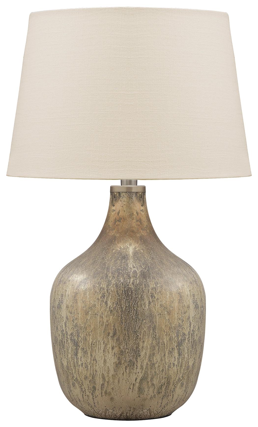 Mari table lamp showing drum shade and mercury glass base
