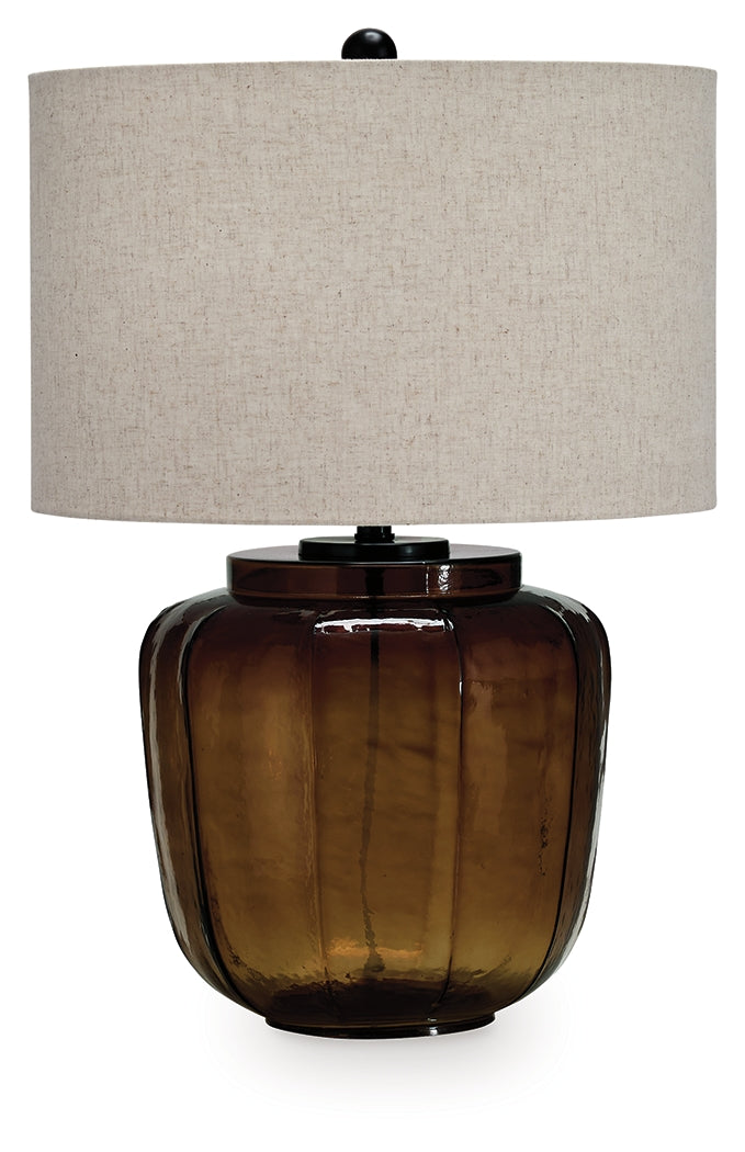 Side view of Bainmore amber table lamp showing drum fabric shade