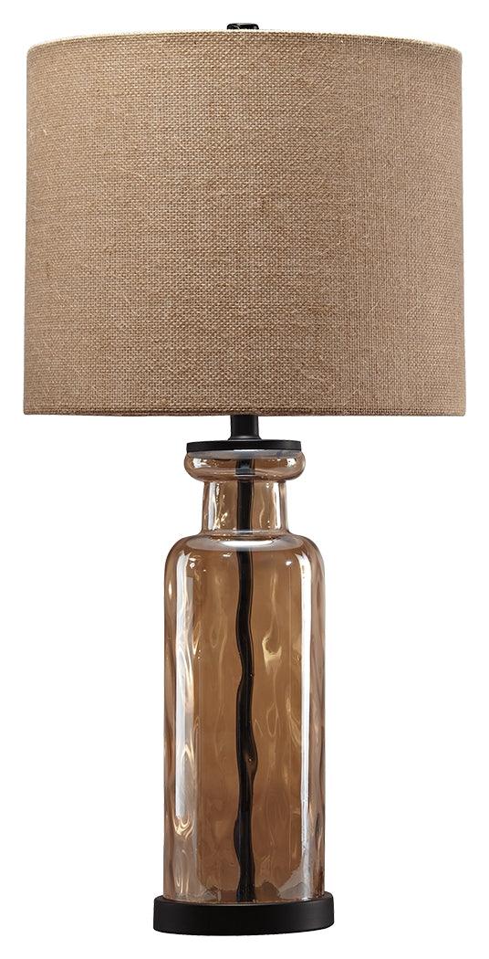 Side angle of Laurentia Champagne Table Lamp showing glass base and burlap shade