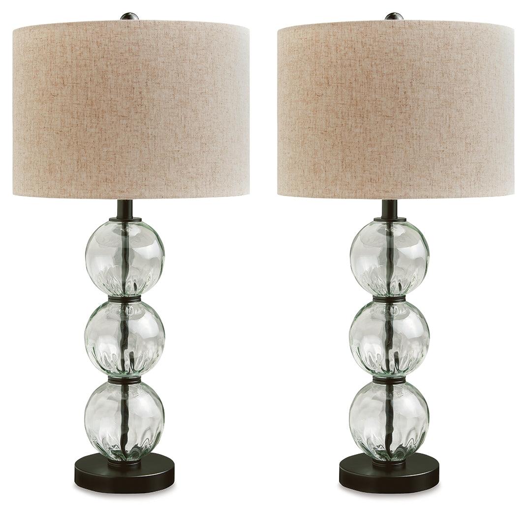 Side view of Airbal clear glass and black base table lamp