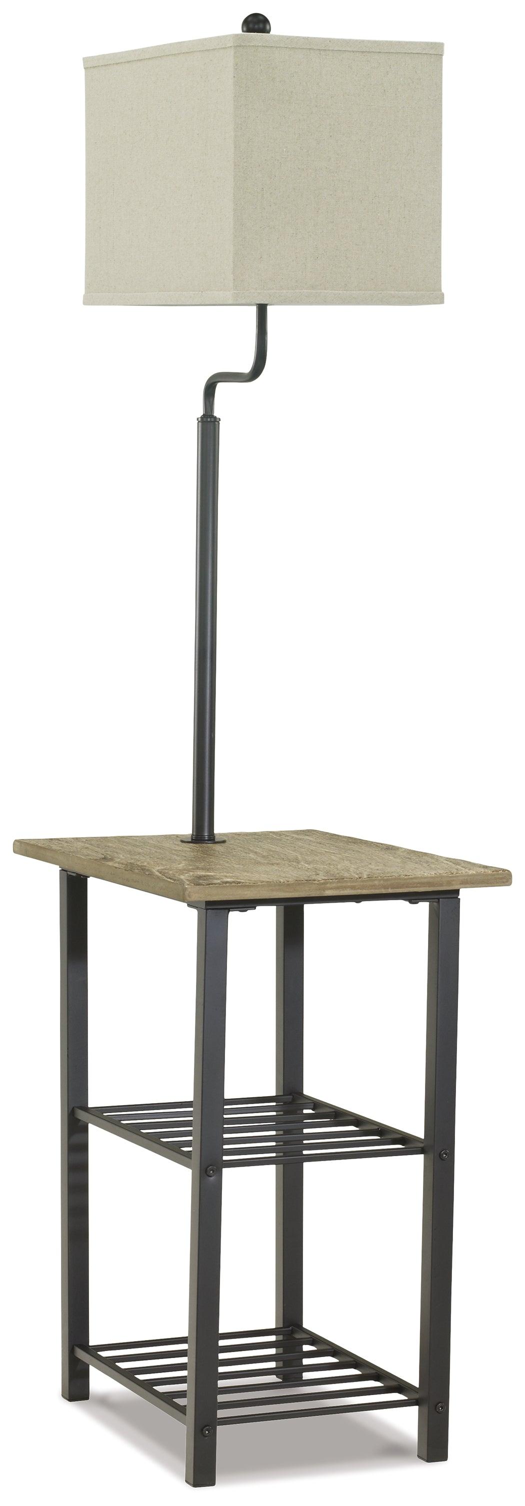 Side view of Shianne Black Floor Lamp showing tray and shelves