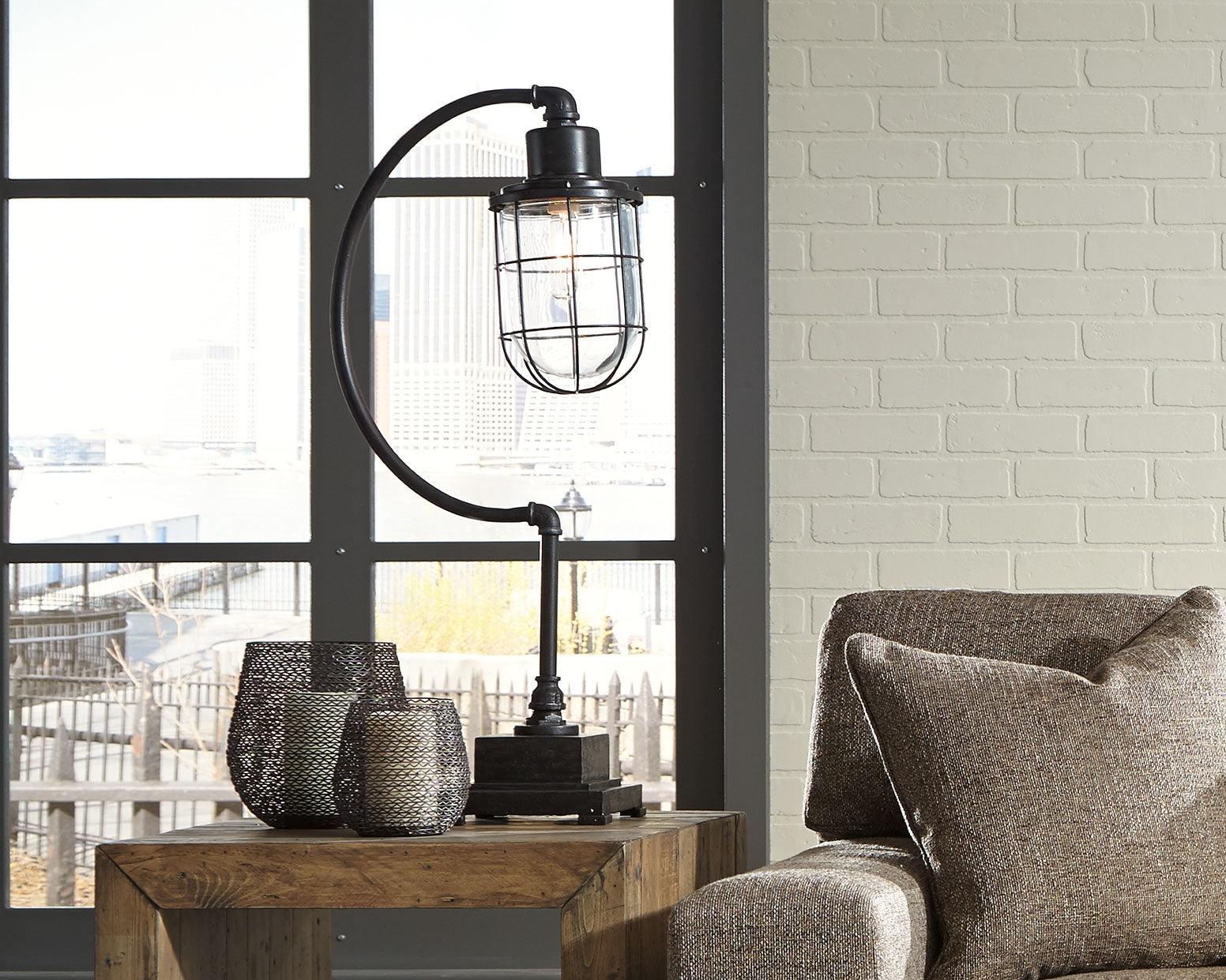 Jae Antique Black Desk Lamp with glass shade detail