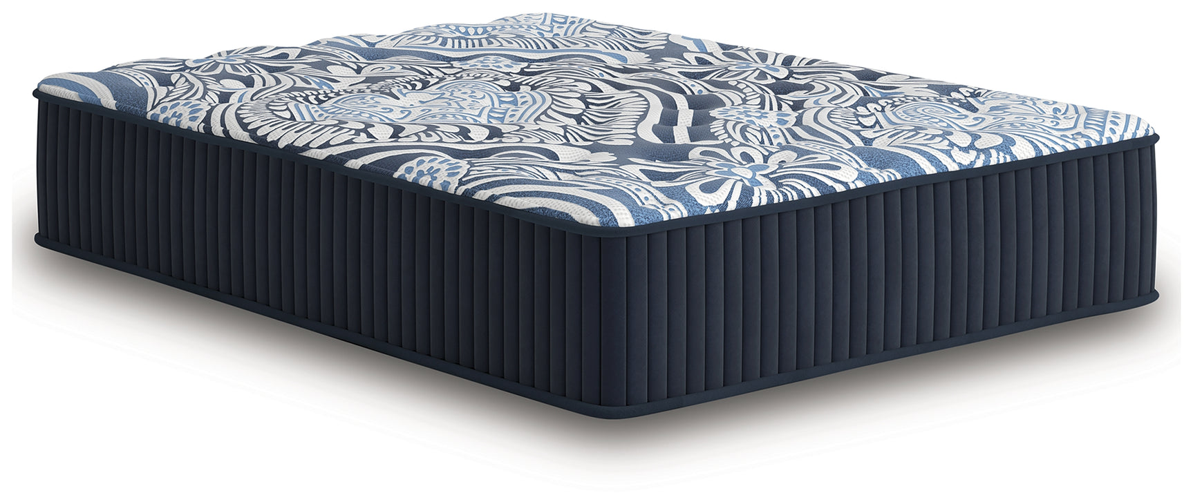 Side angle of Firm Luxe 2.0 Blue King Mattress showing thickness