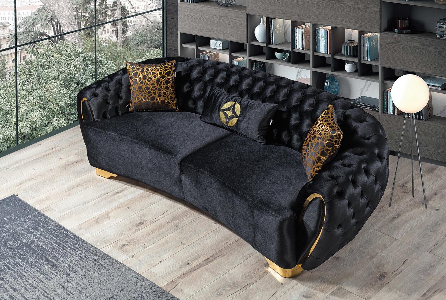 Detail close-up of Chloe Black Velvet Sofa and Loveseat cushions