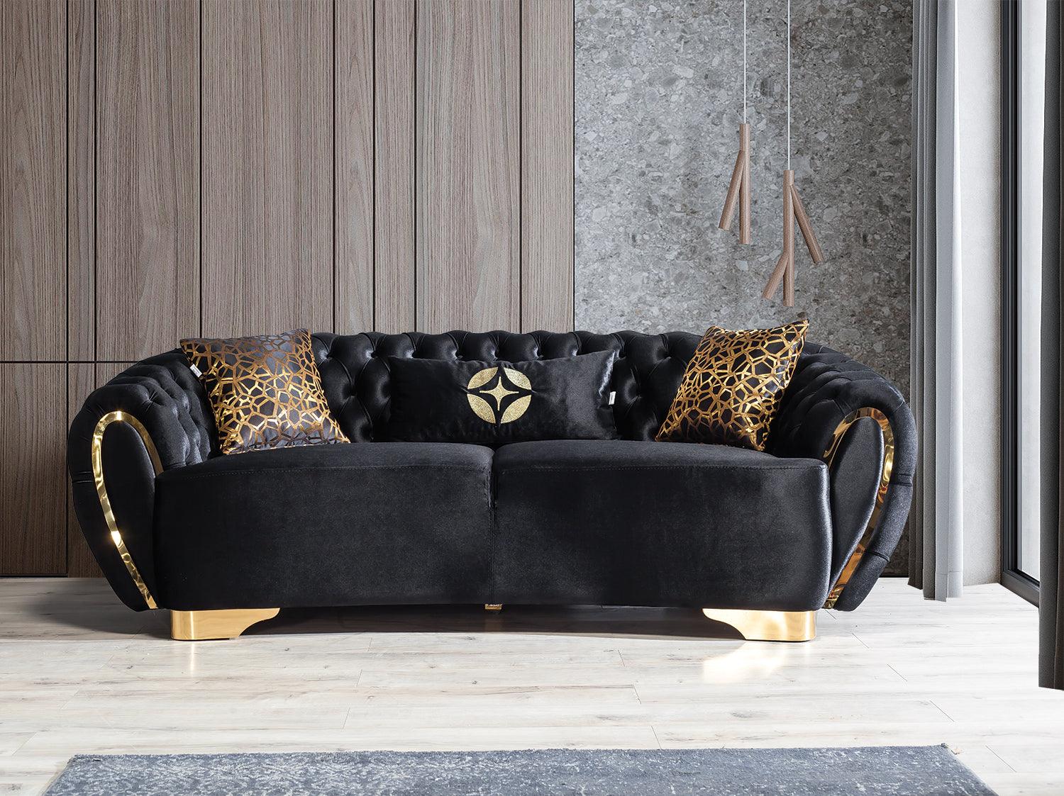 Detailed shot of stitching on Chloe Black Velvet Sofa and Loveseat upholstery