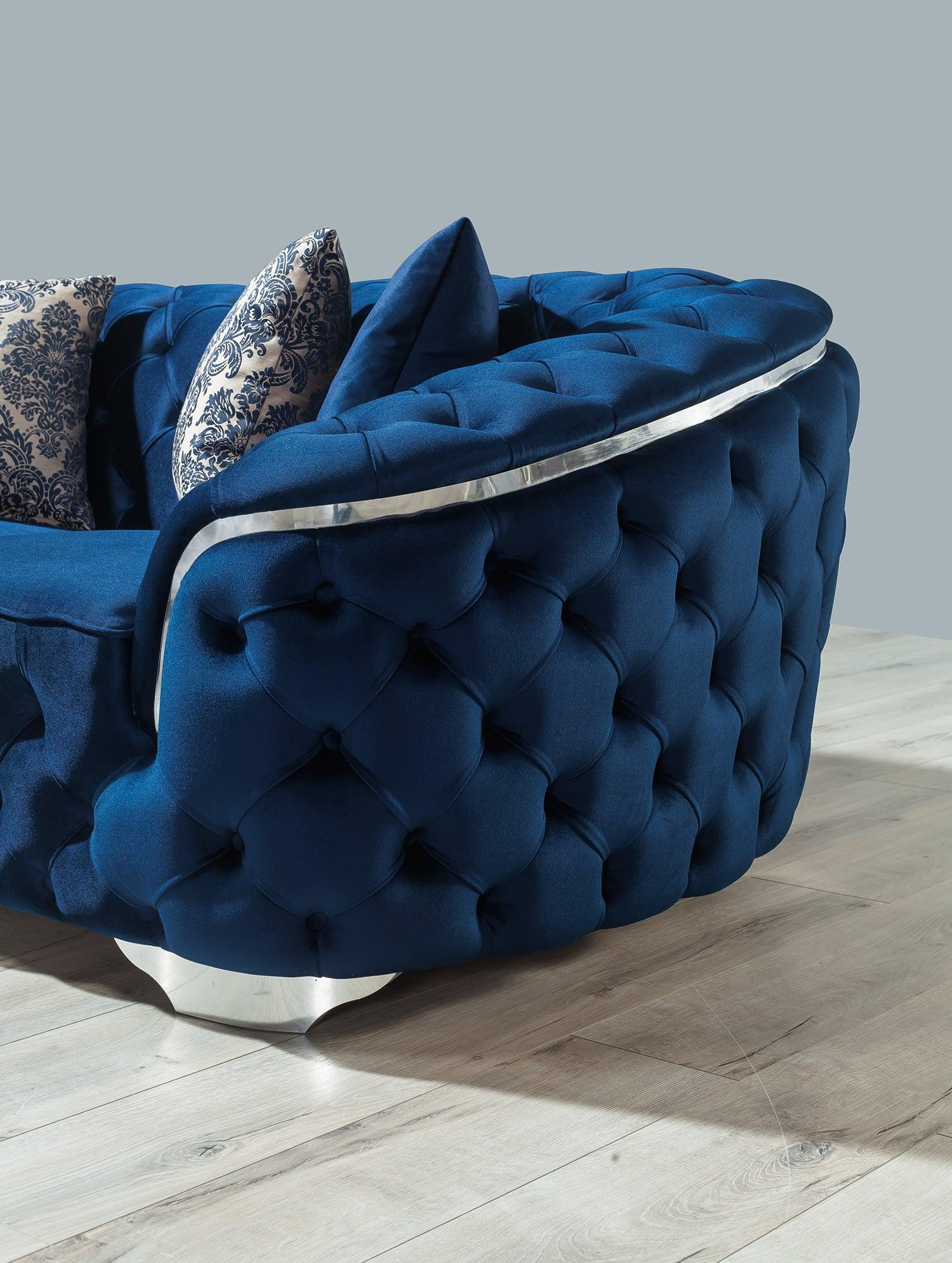 Front view of Scarlett blue velvet loveseat