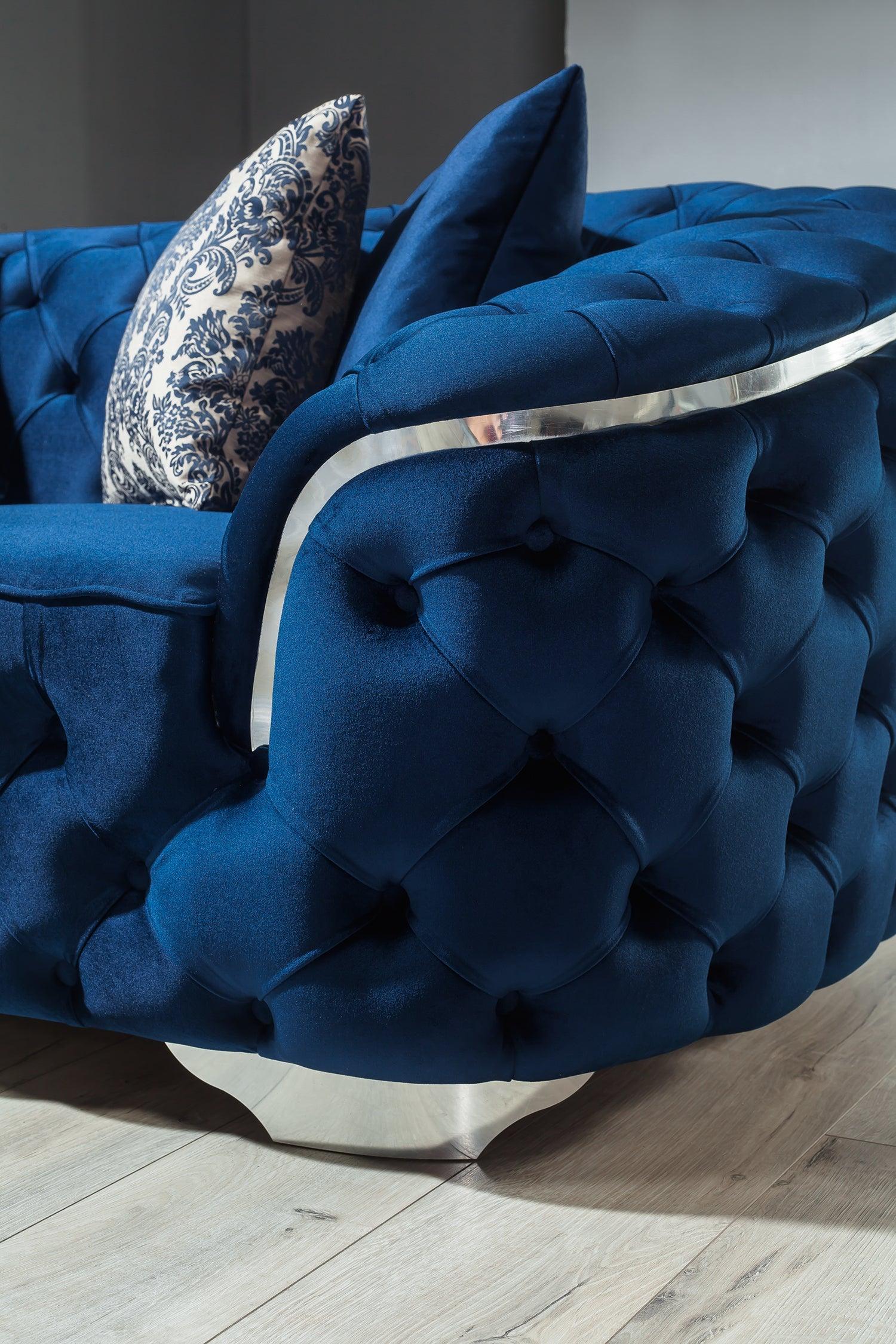 Close-up of loveseat blue velvet upholstery