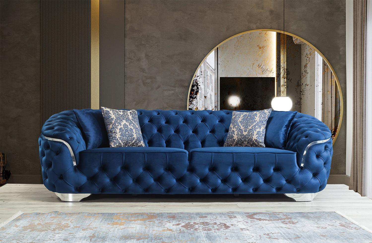 Scarlett blue velvet sofa and loveseat set in living room view