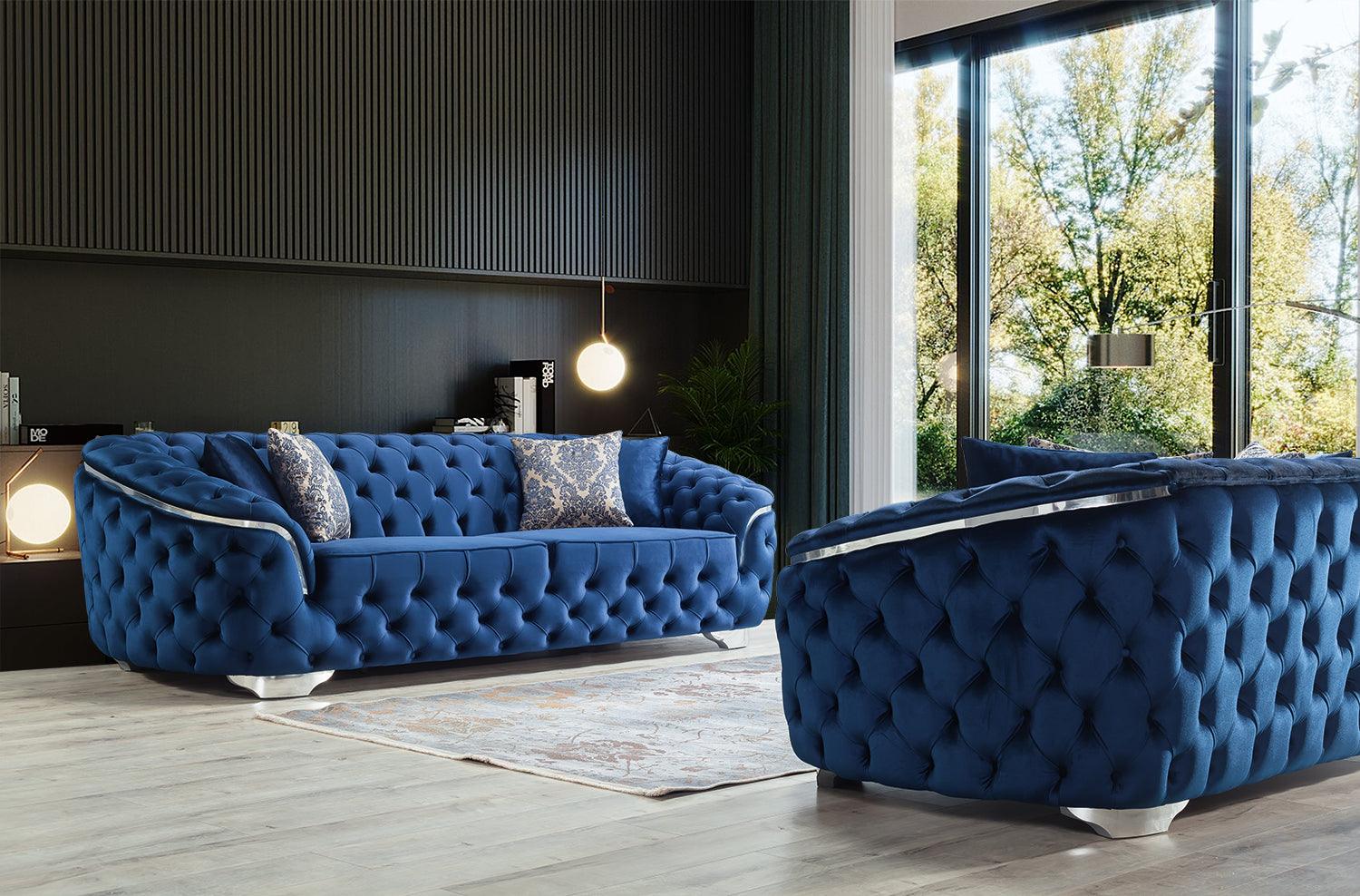 Scarlett blue velvet sofa and loveseat set in living room view