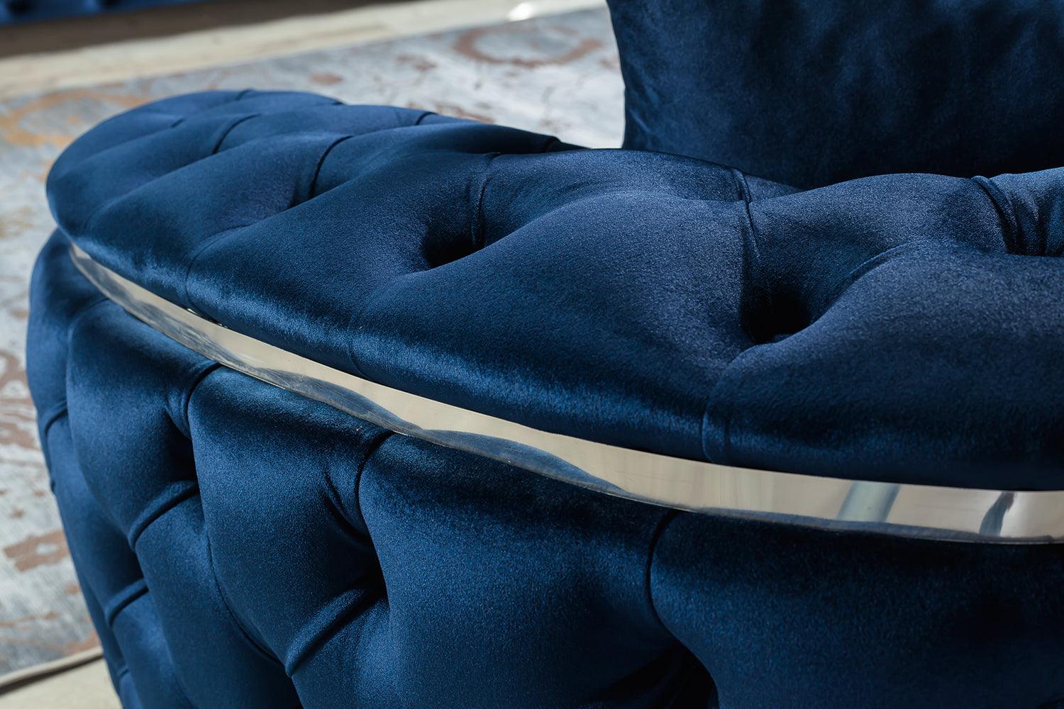 Scarlett blue velvet sofa and loveseat set in living room view