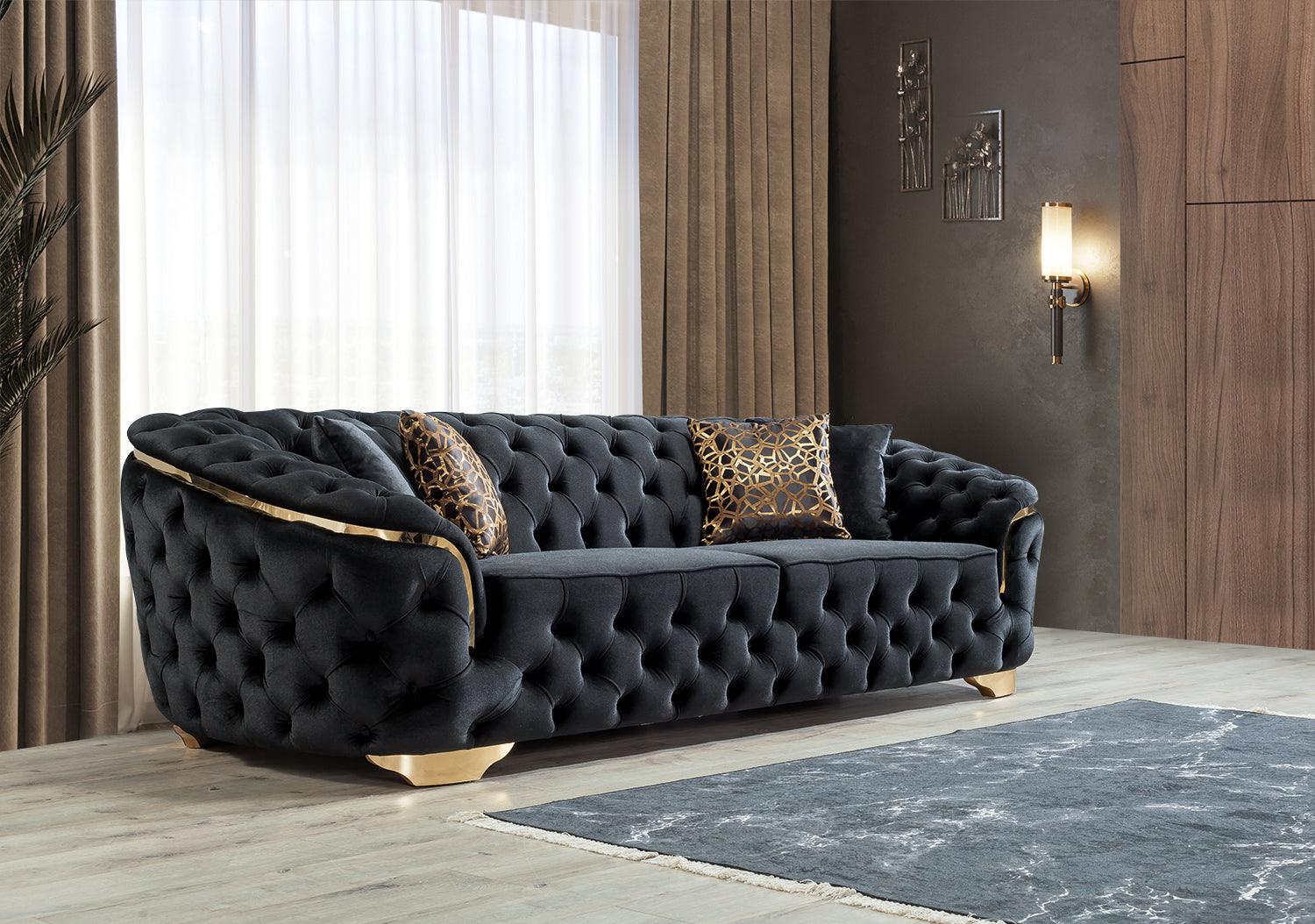 Close-up of Scarlett black velvet fabric on sofa and loveseat