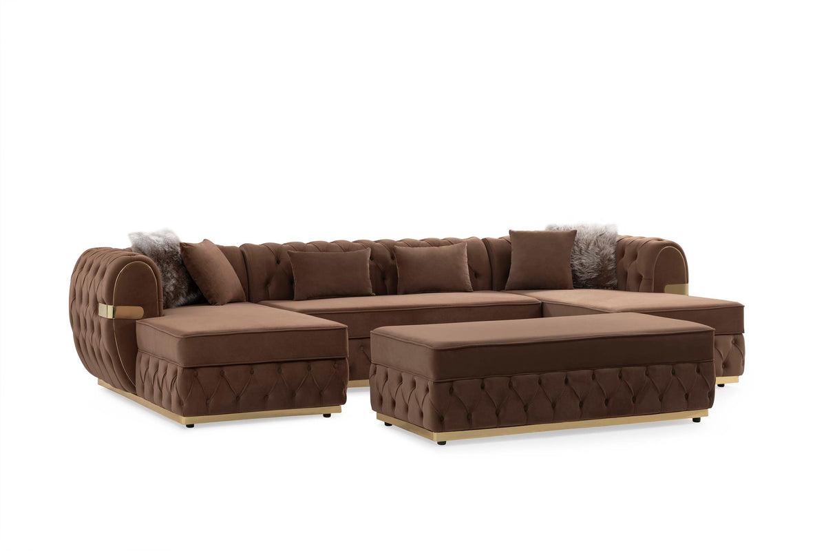 Harper Mocha Velvet Rectangle Ottoman angled view highlighting velvet texture and sturdy frame