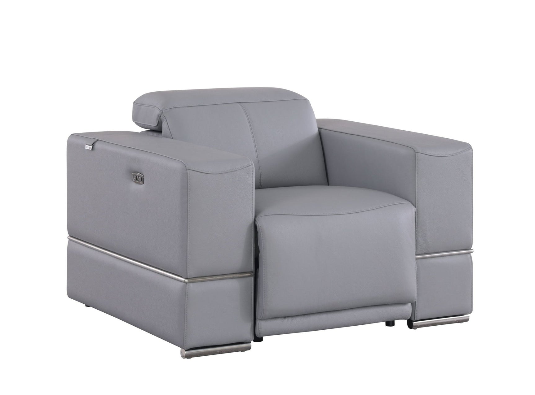 Franco power reclining chair with power headrest in light blue leather match, angled view