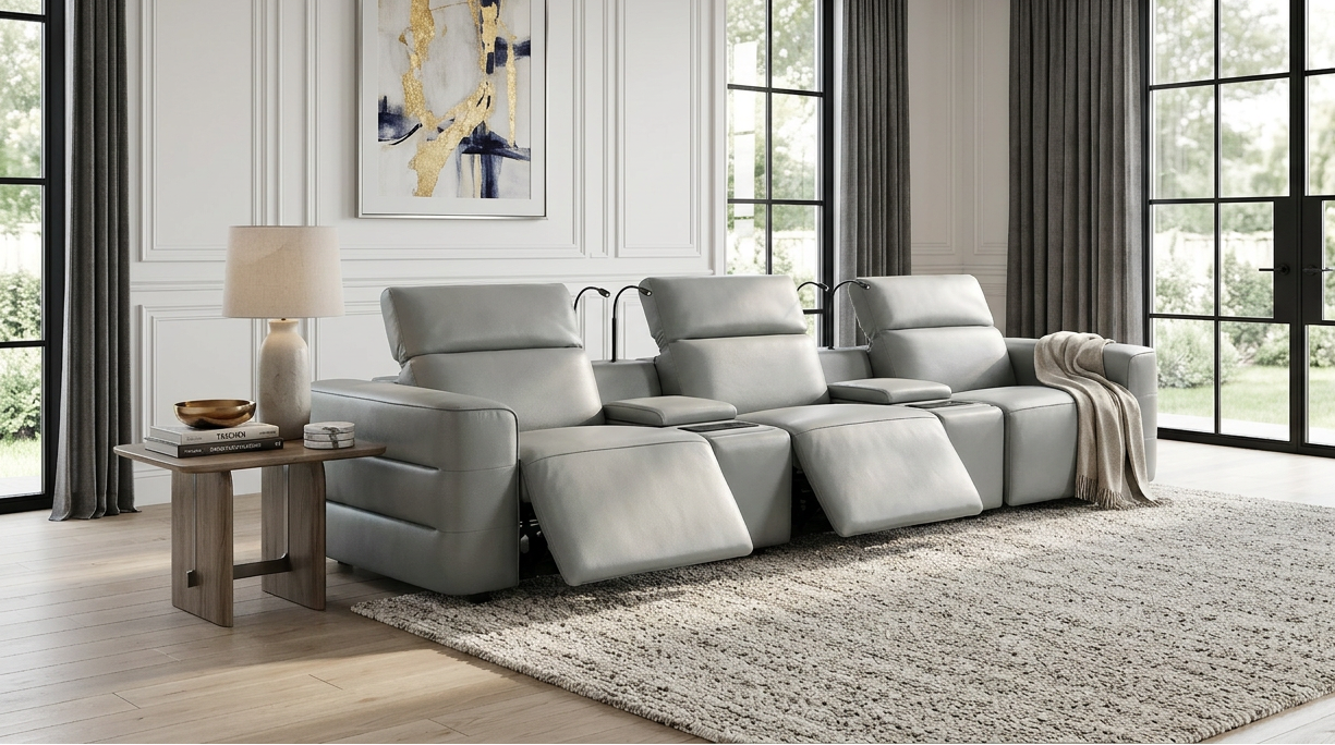 Diamante Grey Italian Leather 5-Piece Power Reclining Home Theater Sectional from Decor Furniture